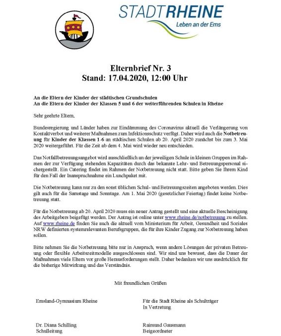 Aktuelle Informationen der Stadt Rheine zur Notbetreuung – auch am Emsland-Gymnasium