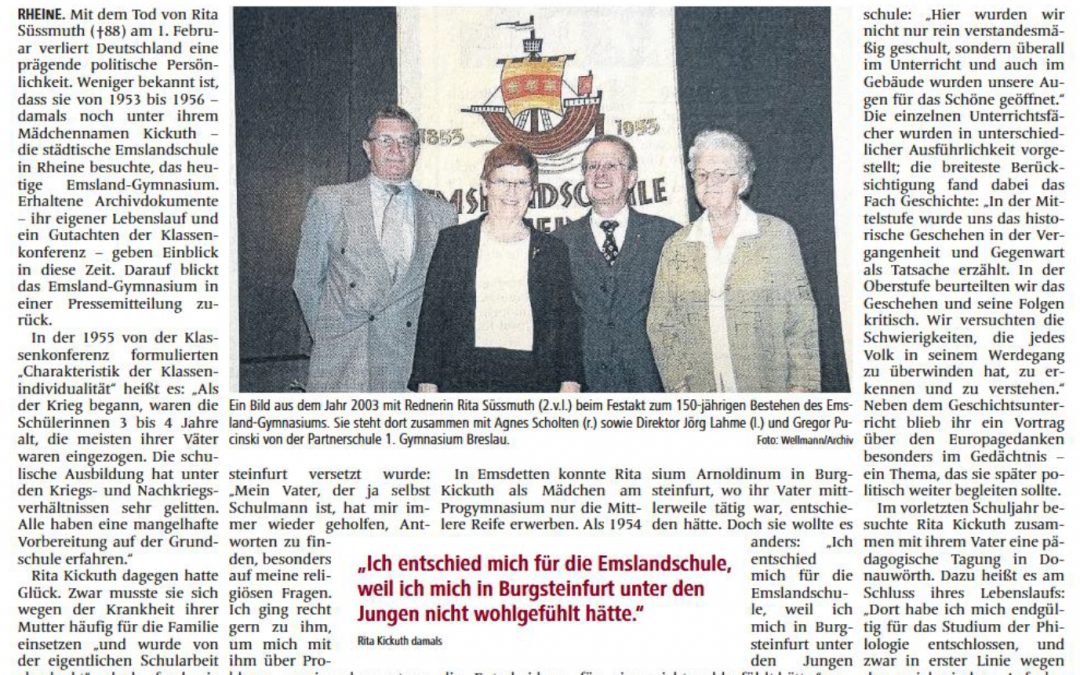 Erinnerungen an Rita Süssmuth (Zeitungsartikel aus der MV vom 10.02.26)