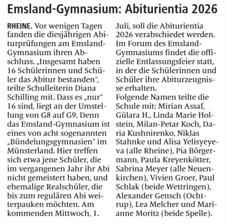 Zeitungsartikel: Abiturientin 2026 (vom 26.06.26 in der MV)