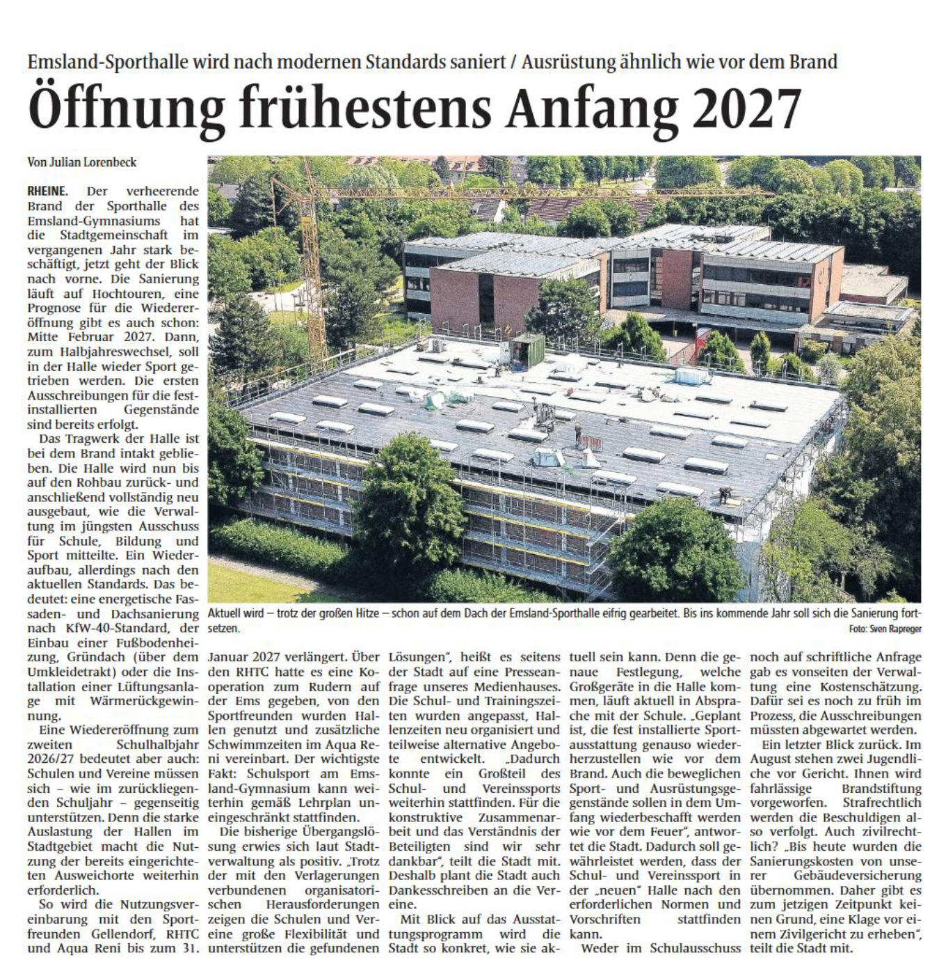 Zeitungsartikel über die Sporthalle in der MV (26.06.26)